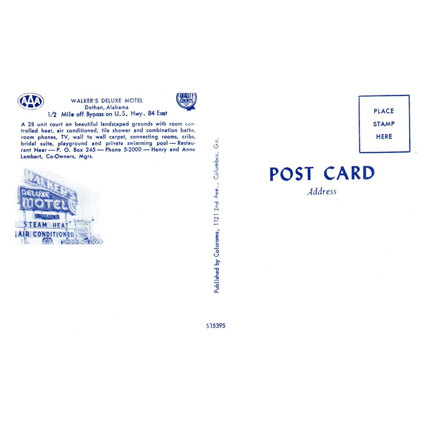 Vintage Postcard - Walker's Deluxe Motel Dothan Alabama AD9