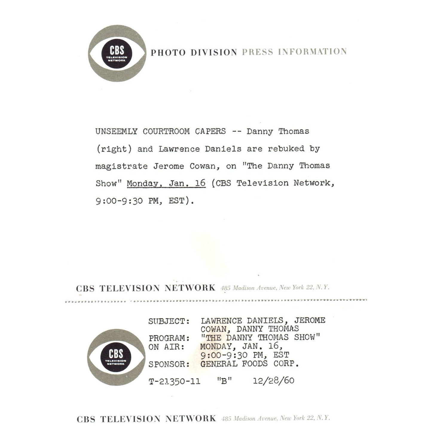 c1960 Press Photo Lawrence Daniels Jerome Cowan Danny Thomas Show CBS TJ7-1
