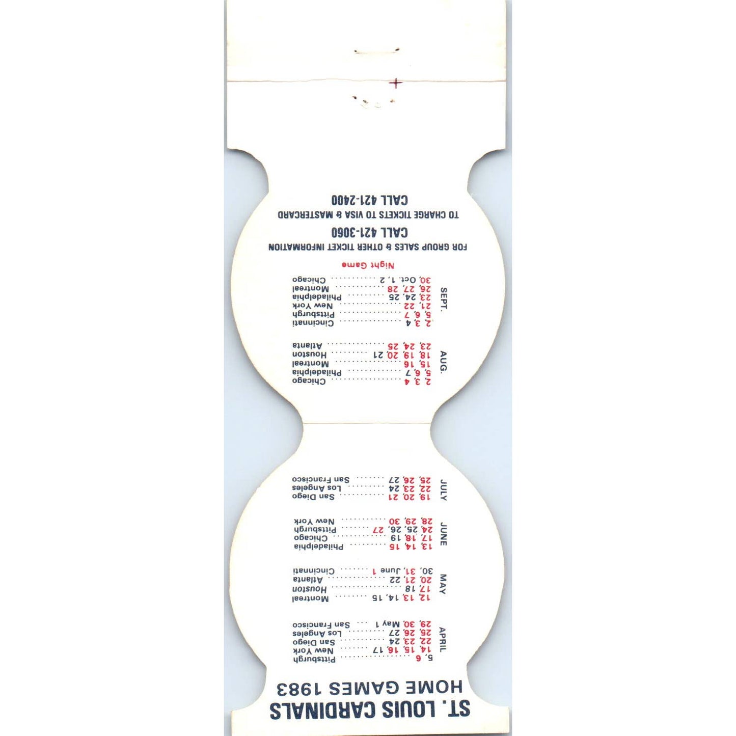 1982 St. Louis Cardinals World Champions MLB Schedule Matchbook Cover SA1-M4