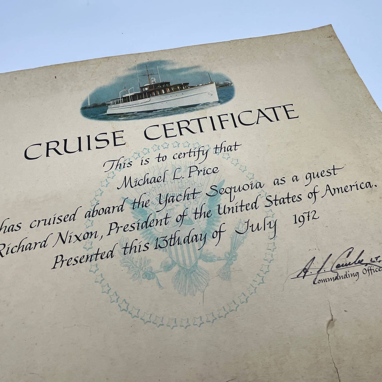 1972 President Richard Nixon Cruise Certificate USS Sequoia Michael Price FL4