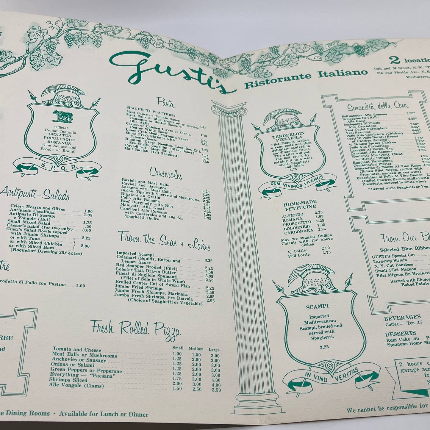 1960s Gusti's Italian Restaurant Menu Washington DC FL3