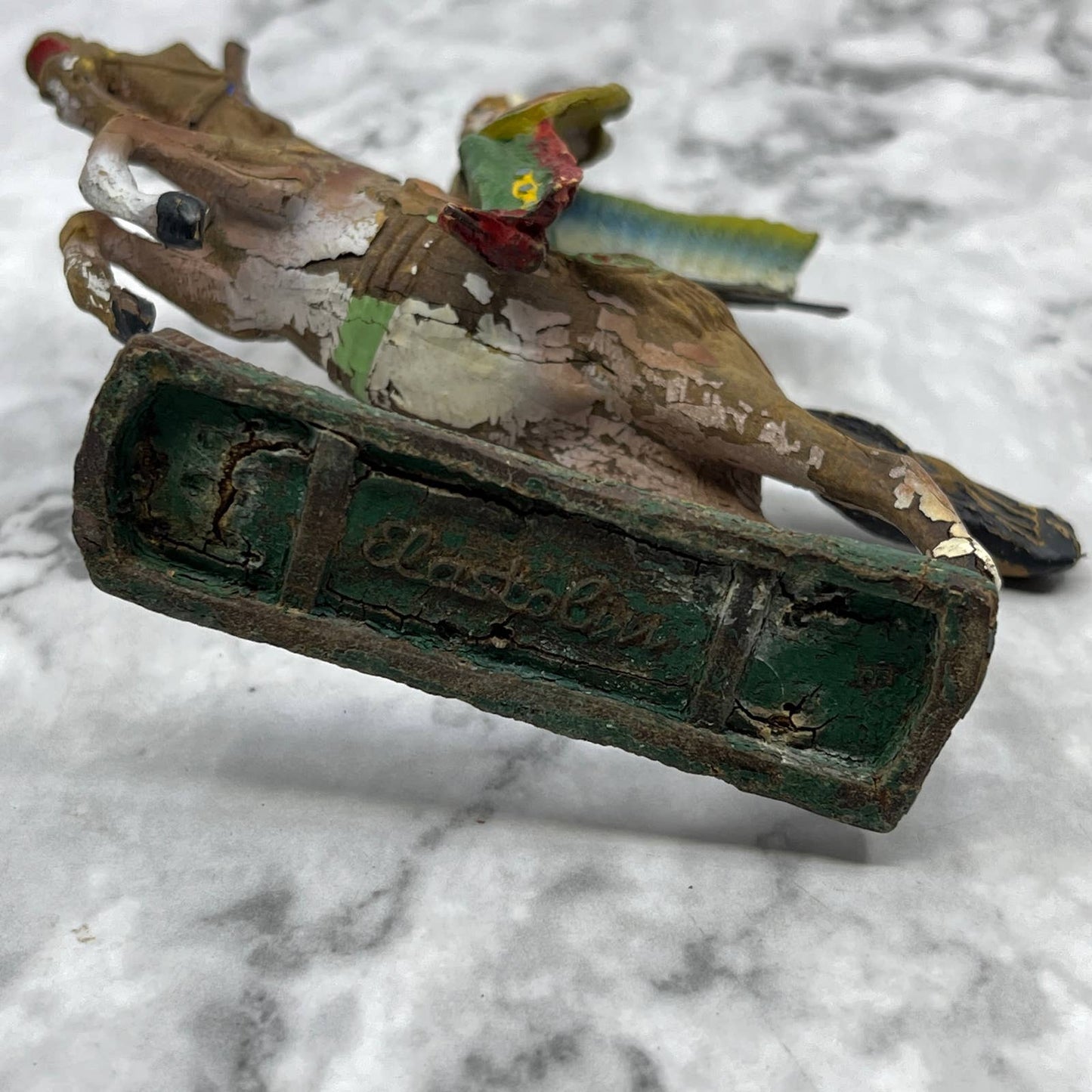 Vintage Elastolin Toy Figurine Germany Indian Chief Horse Spear War Bonnet TJ8