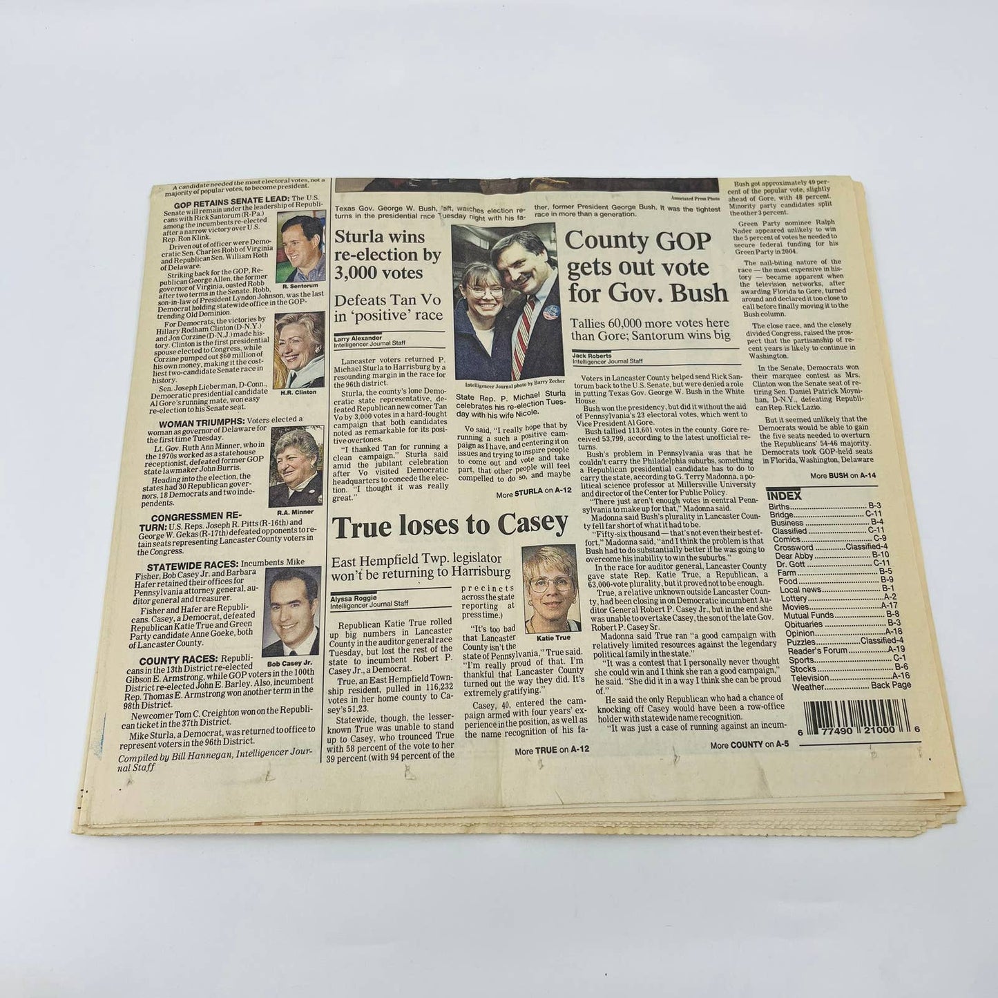 VTG George W. Bush Elected Newspaper November 8 2000 Intelligence Journal PA BA2