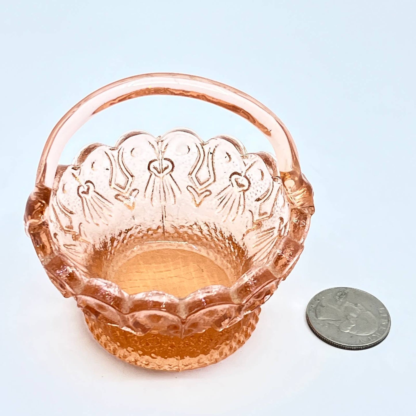 Vtg Pink Depression Glass Miniature Trinket Basket Applied Handle 3” TF5