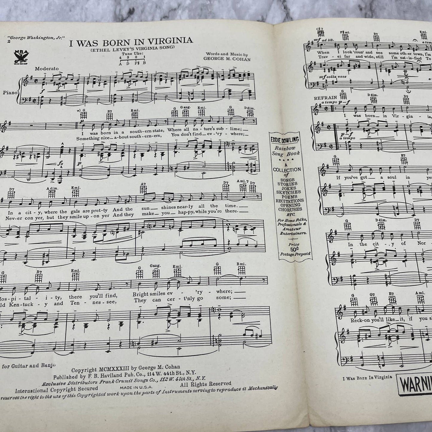 I Was Born In Virginia George M. Cohan 1931 Sheet Music TK2-SM3