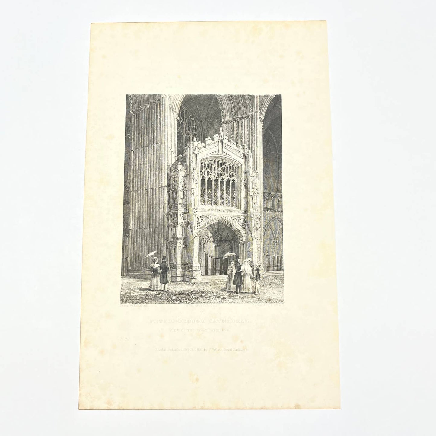 1836 Original Art Engraving Peterborough Cathedral View of Porch West End AC4
