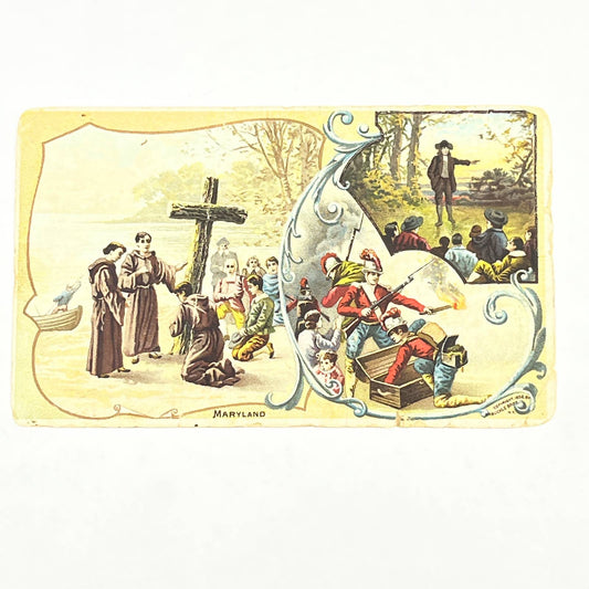 1892 Victorian Trade Card Arbuckle Coffee Maryland Colonial Settler Scenes AB6