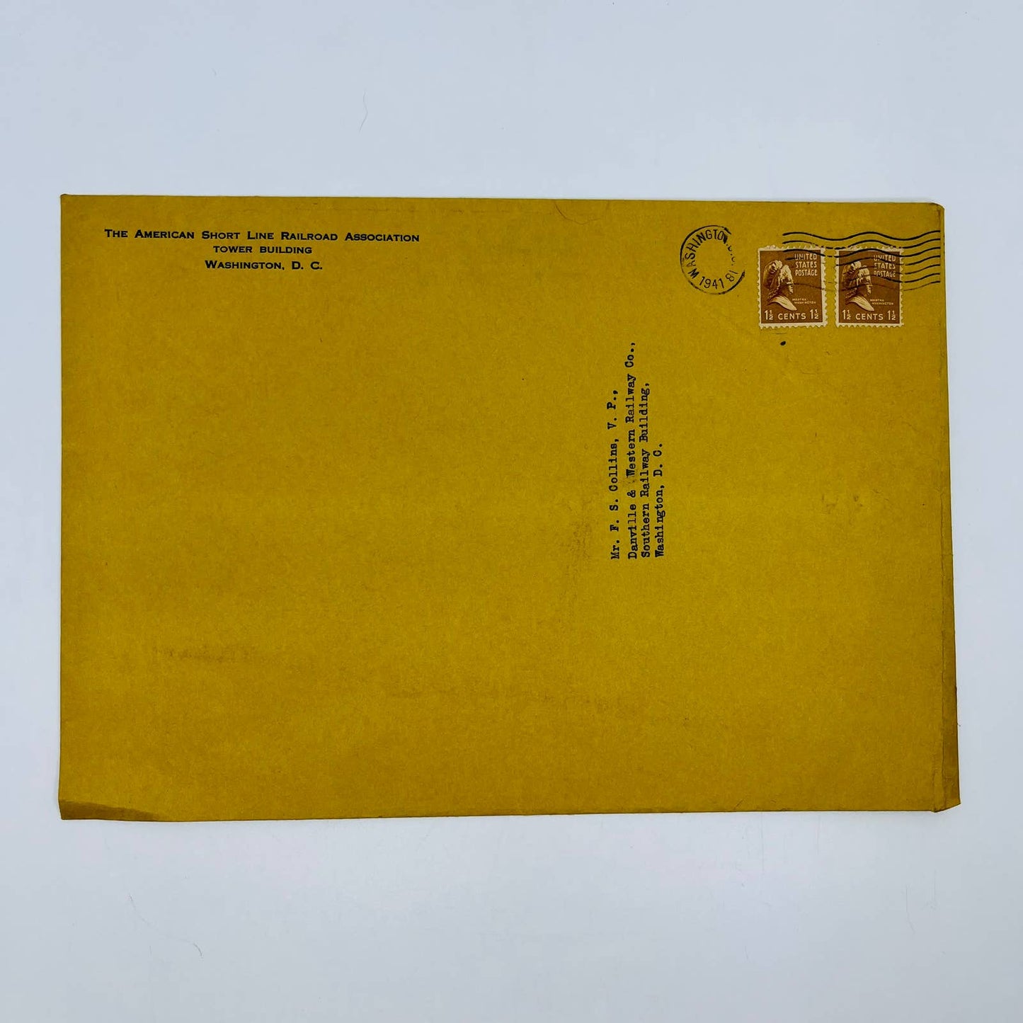 1941 Short Line Railroad Association Envelope Postal Cover Washington DC D3