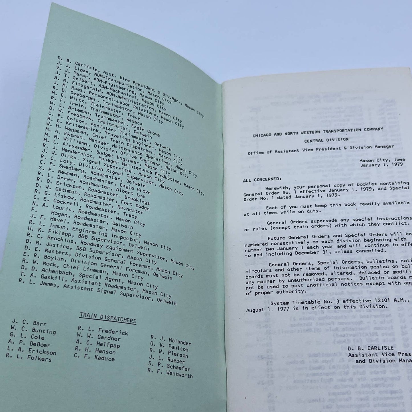 1979 Chicago & Northwestern Railroad Central Division General Order No. 1 TG6