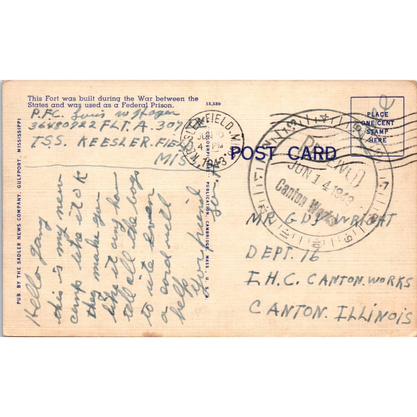 Fort Massachusetts Ship Island Mississippi Coast 1943 Original Postcard TK1-22