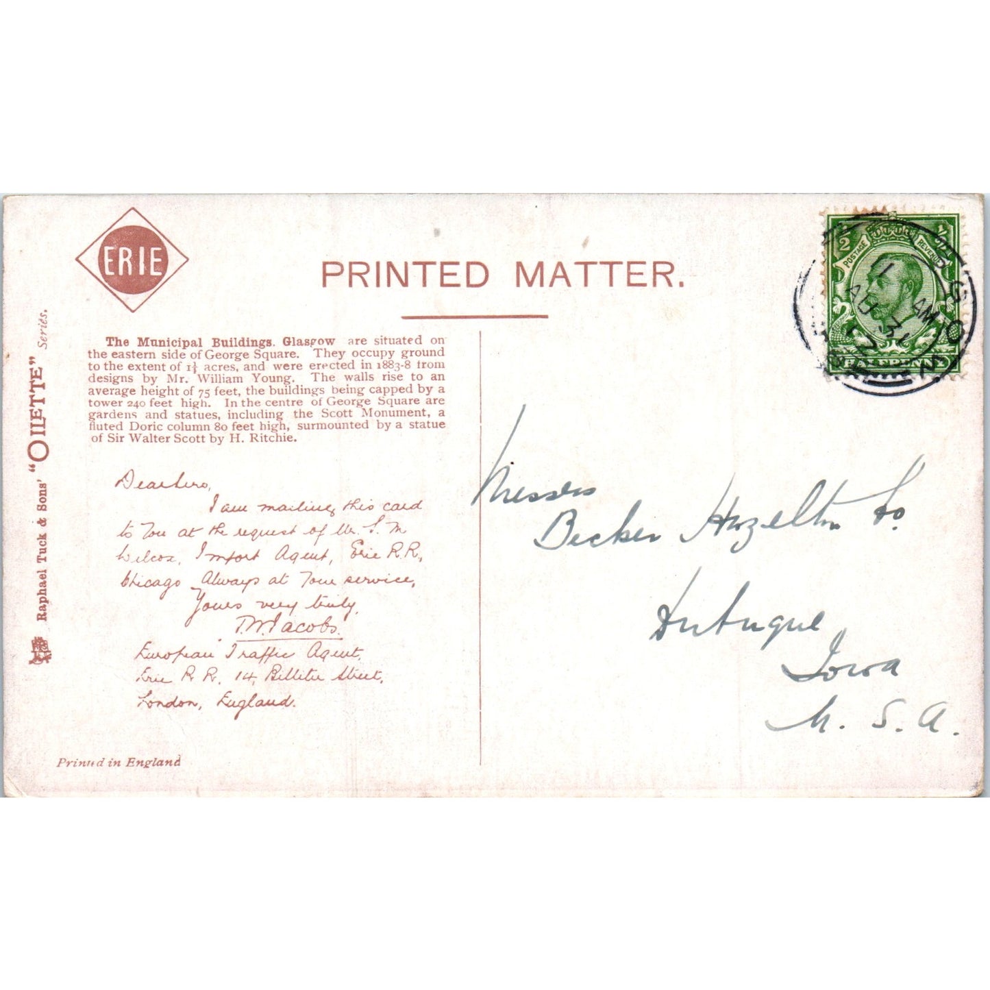 The Municipal Buildings Glasgow Raphael Tuck Oilette Original Postcard P2-12