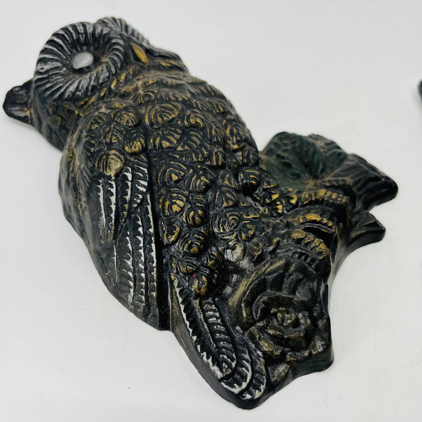 MCM Chalkware Owl Set of 2 Wall Art Mid-Century Modern Black & Gold 7.5” TC6