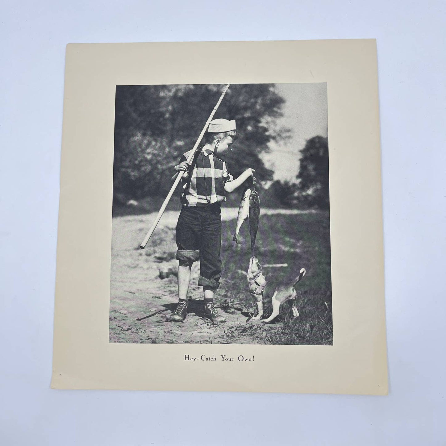 Vintage Black and White Print Boy Fishing with Dog 10.5x11.5” FL3