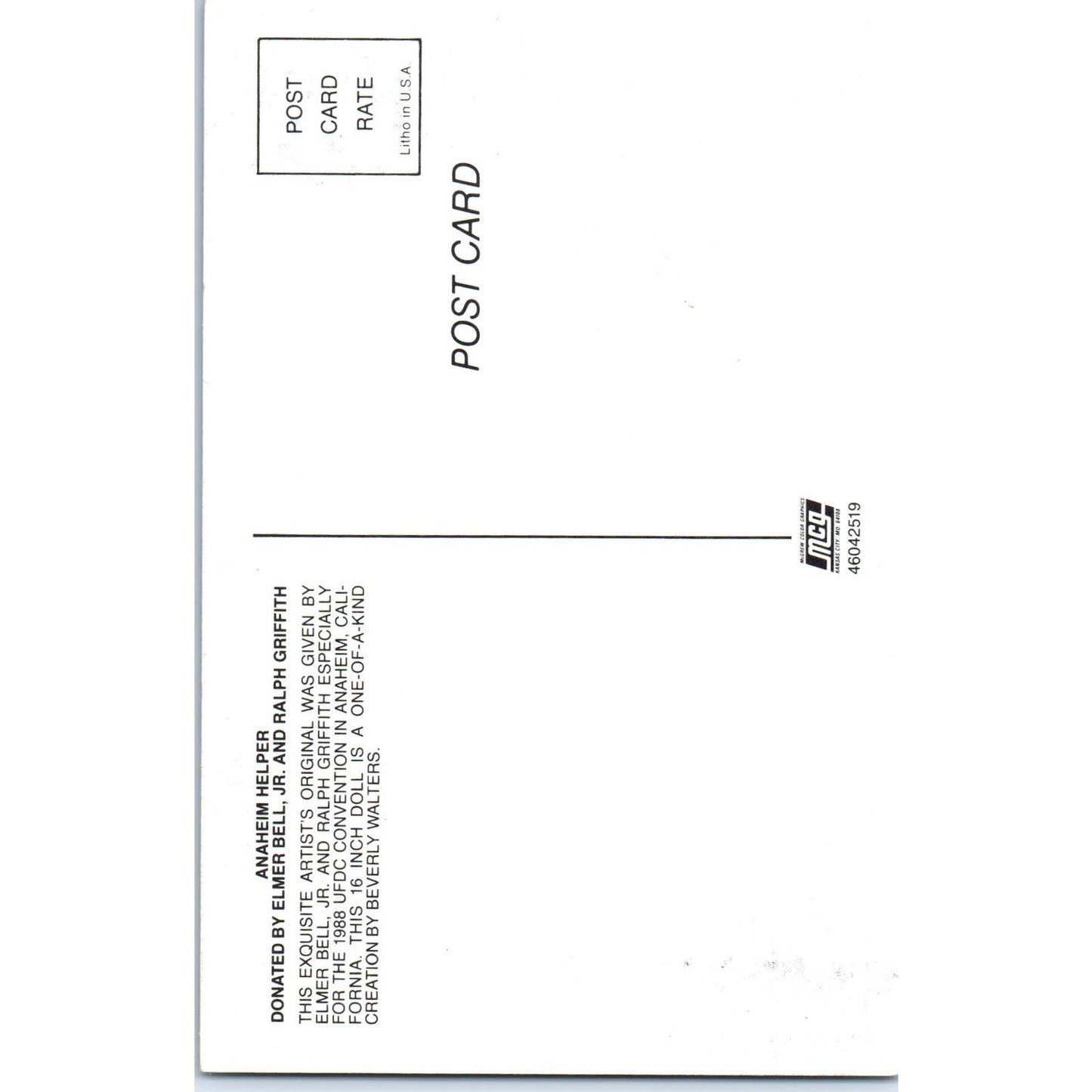 Anaheim Helper Doll Elmer Bell Jr. Beverly Walters Original Postcard PB8