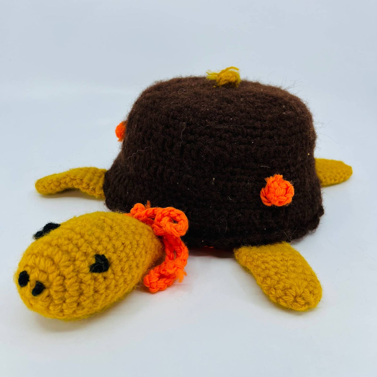 Vintage Retro 70s Kitschy Crocheted Turtle Brown Yellow Orange 11” TB8