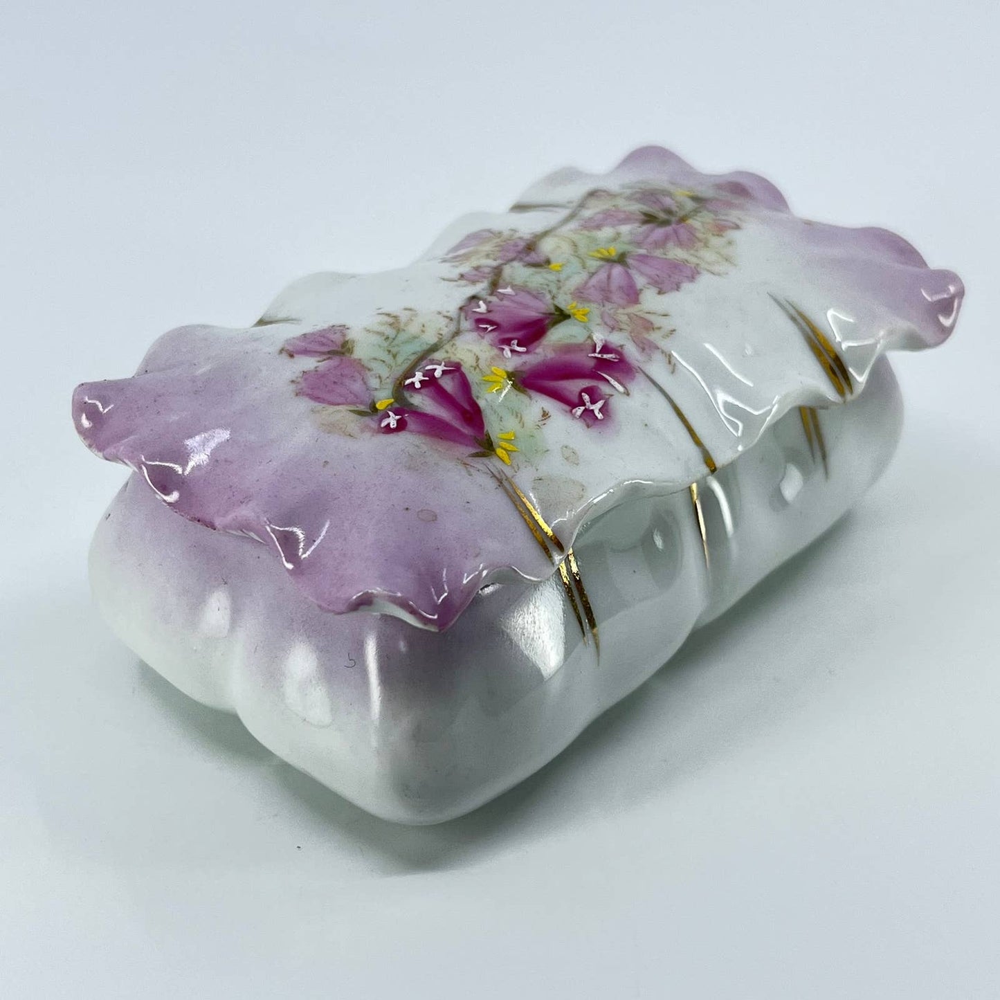 Vintage Porcelain Hand Painted Purple Flower Trinket Dresser Box 2x4” TE7