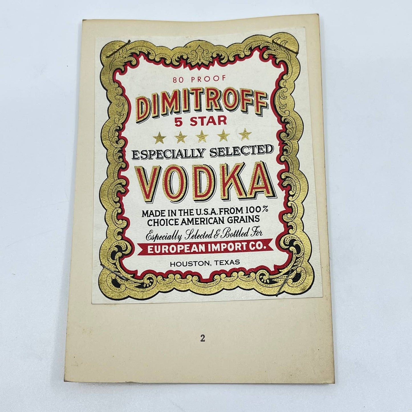 Dimitroff 5 Star Vodka Label European Import Co Houston Texas