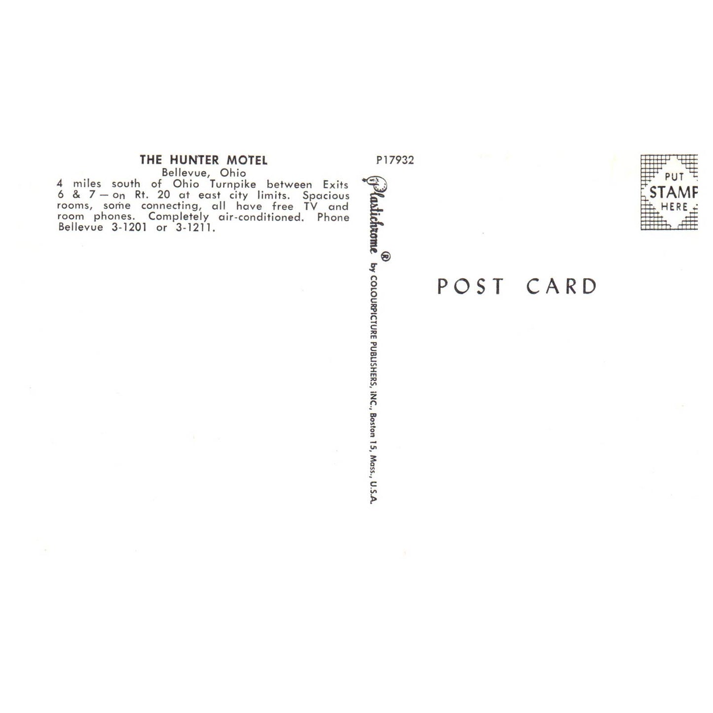 Vintage Postcard - The Hunter Motel Bellevue Ohio AD9