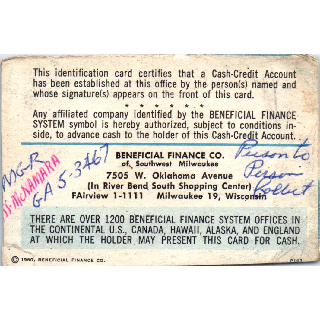 1960 Beneficial Finance System International Credit Card Milwaukee Obsolete SE5