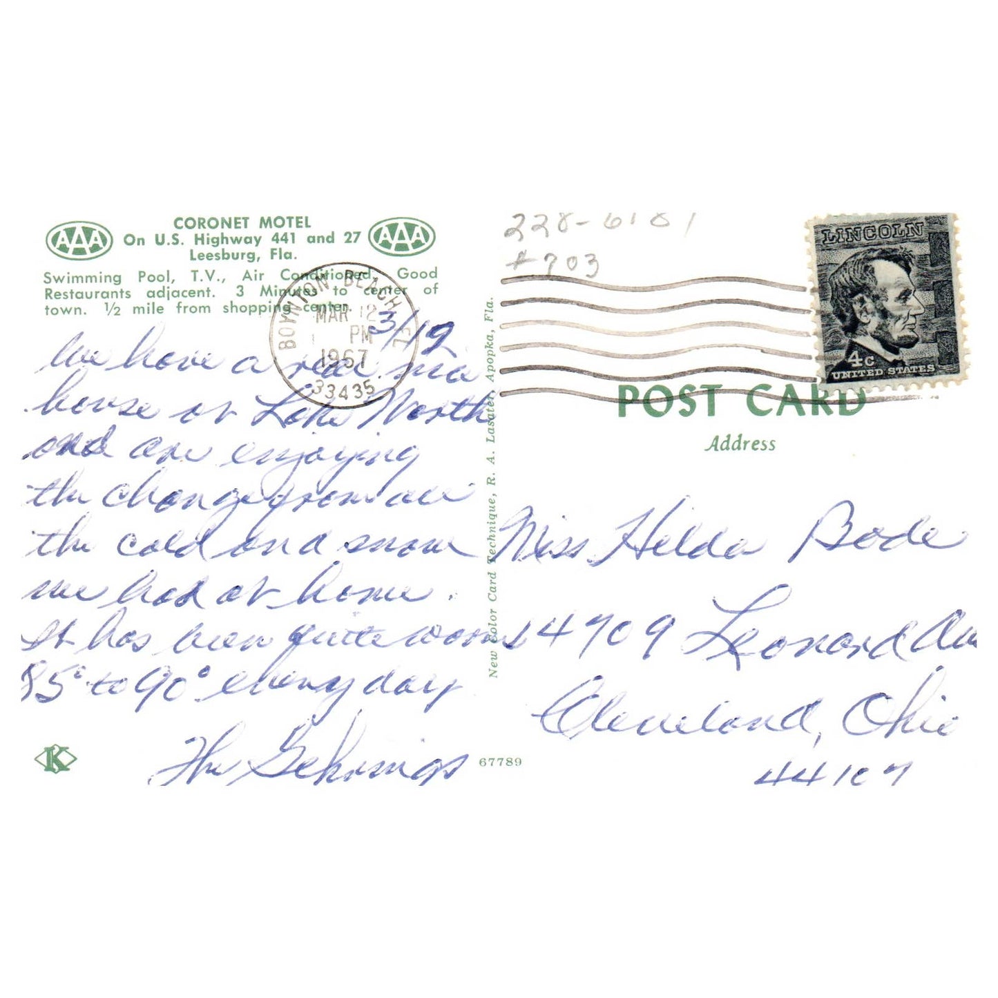 Coronet Motel Leesburg Florida 1967 - Postcard TJ8-1