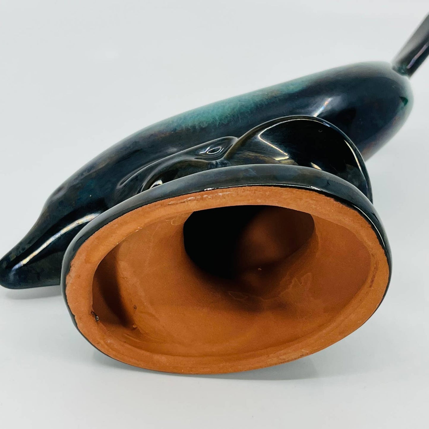 Blue Mountain Pottery Dolphin Cobalt Teal Blue To Black Drip Glaze 7” TB7