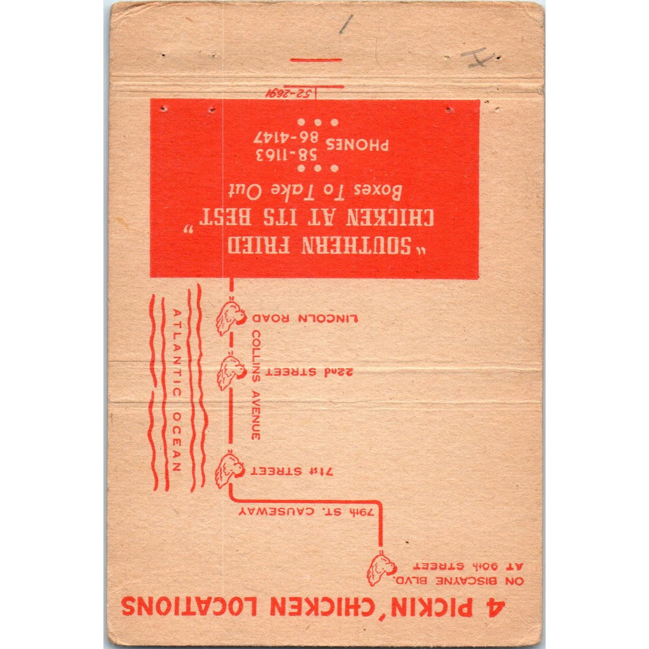 Pickin' Chicken Restaurant Miami FL Advertising Matchbook Cover SA6-M5