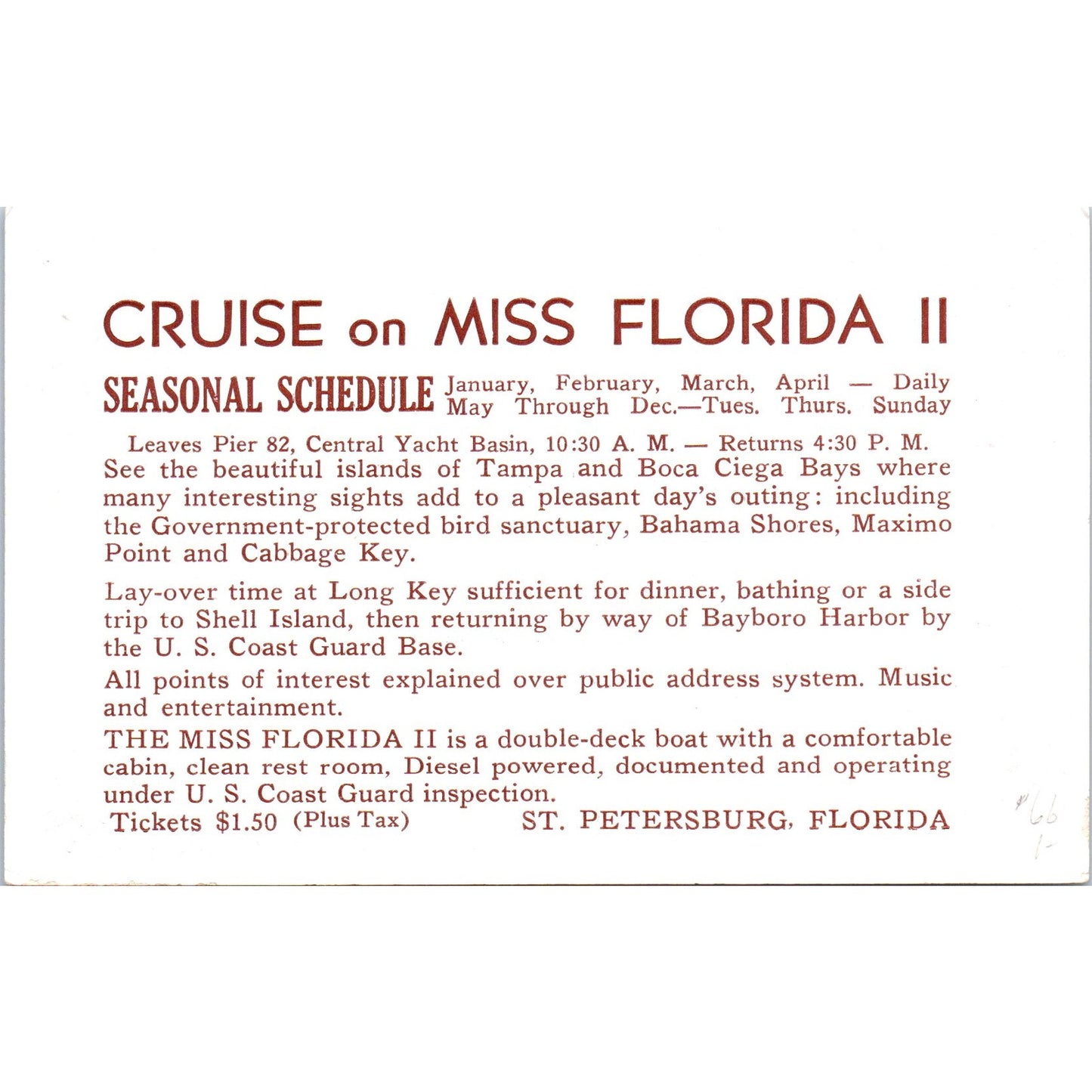 Cruise on Miss Florida II St Petersburg Florida Original Advertising Card P1-15
