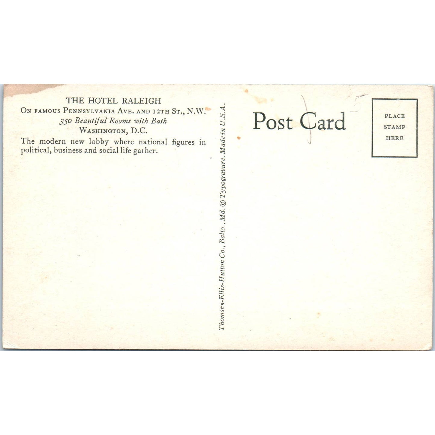 Hotel Raleigh Lobby Washington D.C. Original Postcard TK1-P2