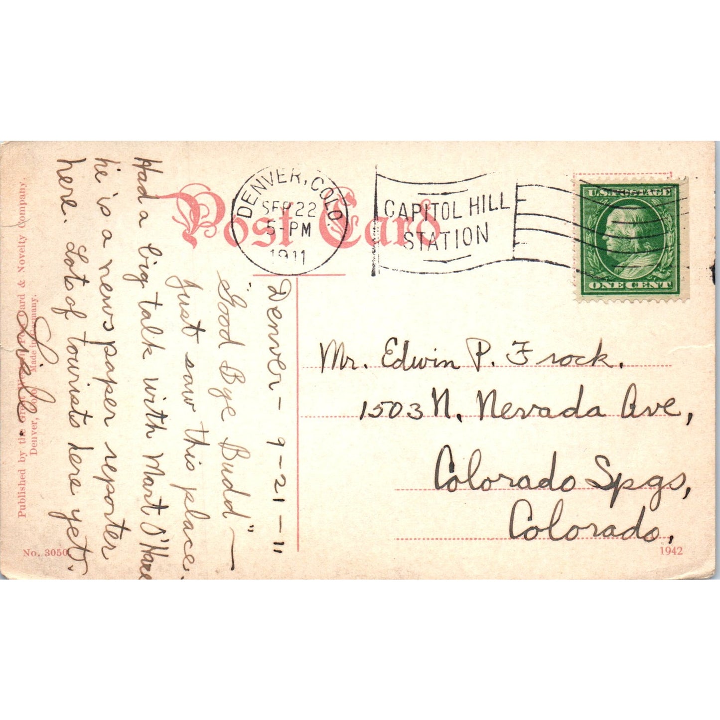 1911 Flower Garden City Park Denver Colorado Original Postcard P2-2