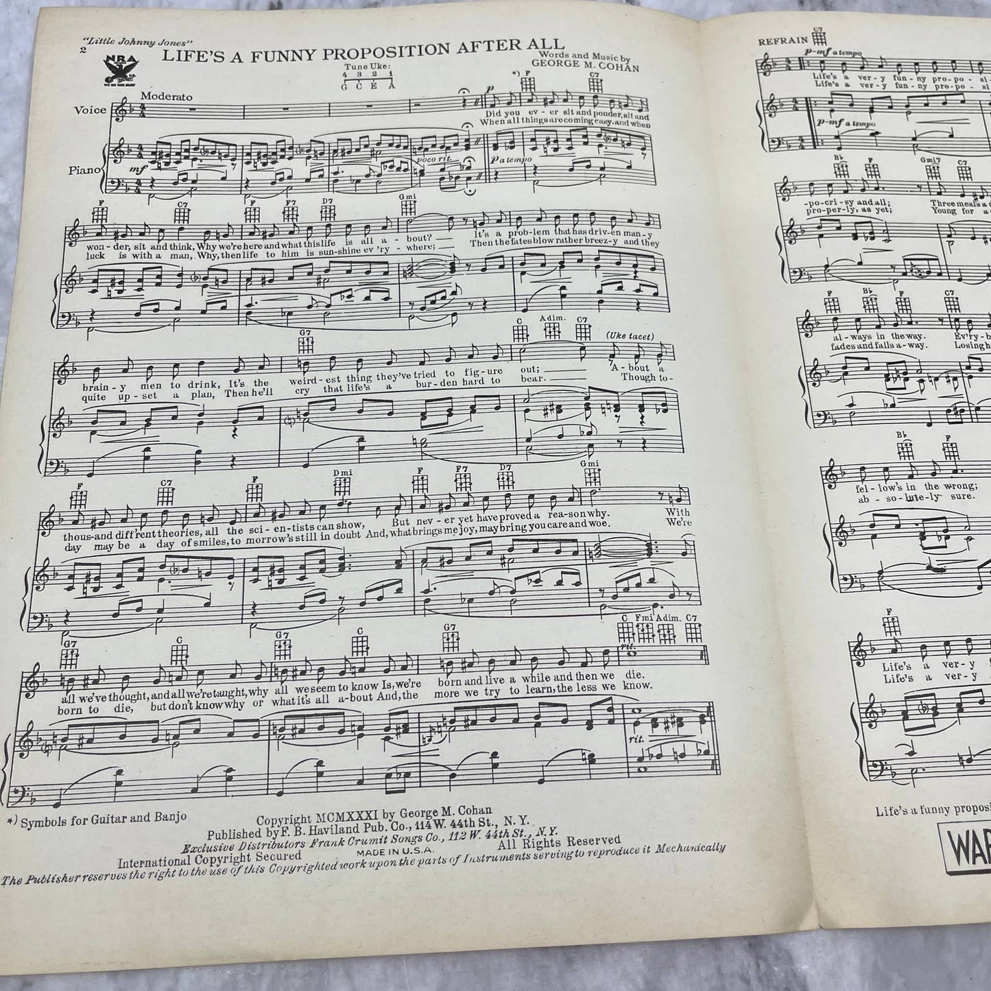 Life's a Funny Proposition After All George M Cohan 1931 Sheet Music TK2-SM3
