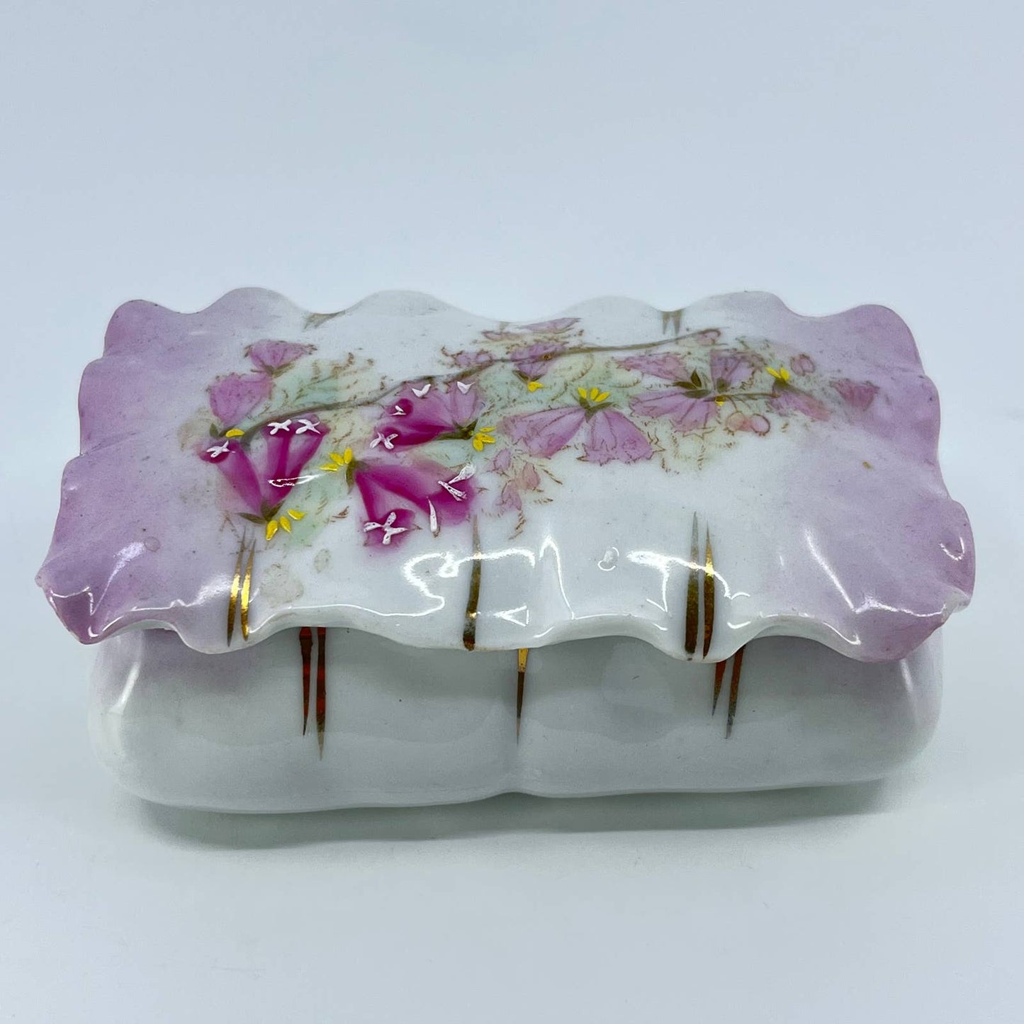 Vintage Porcelain Hand Painted Purple Flower Trinket Dresser Box 2x4” TE7