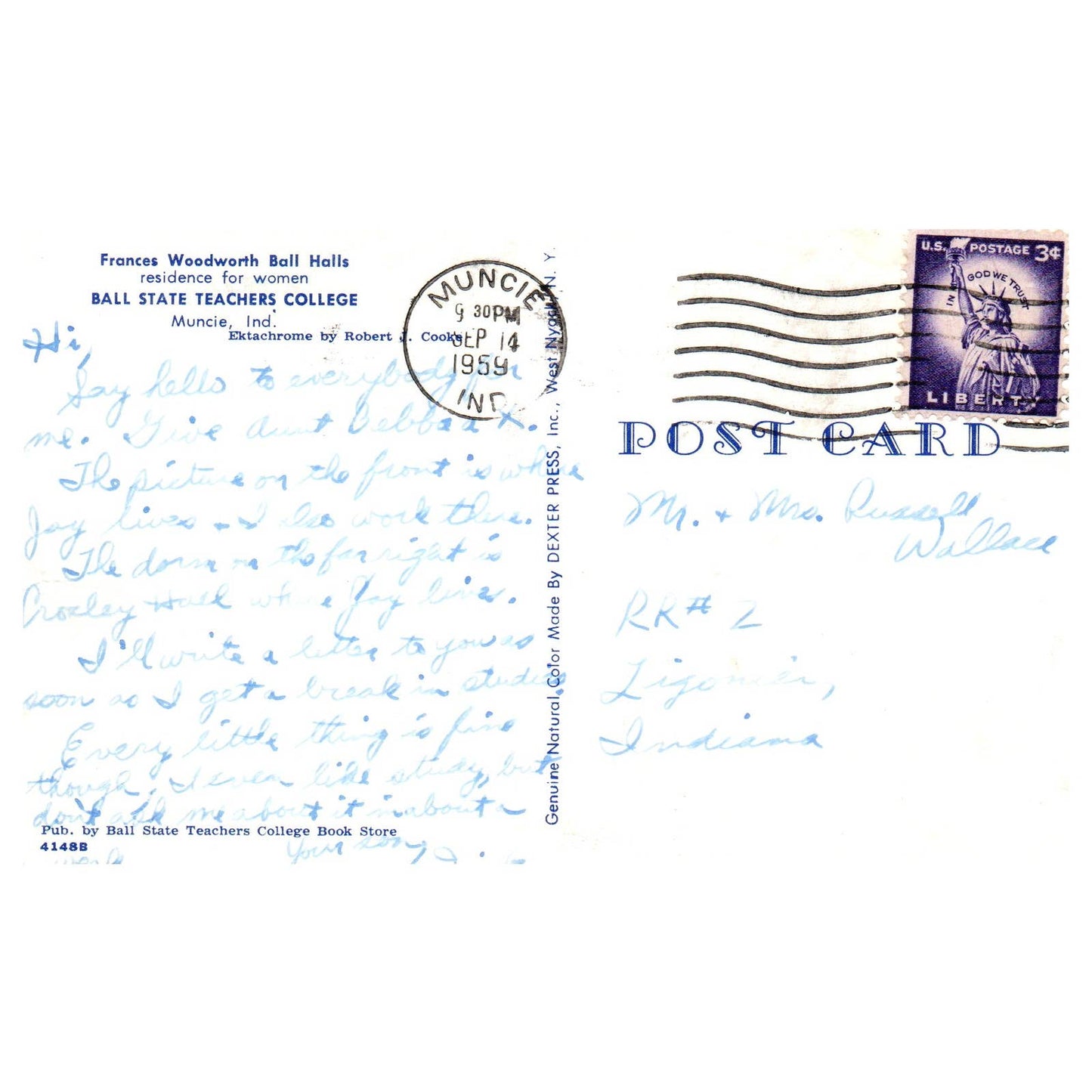 Vtg Postcard Francis Woodward Hall Ball State Teachers College Muncie 1959 TJ6-1
