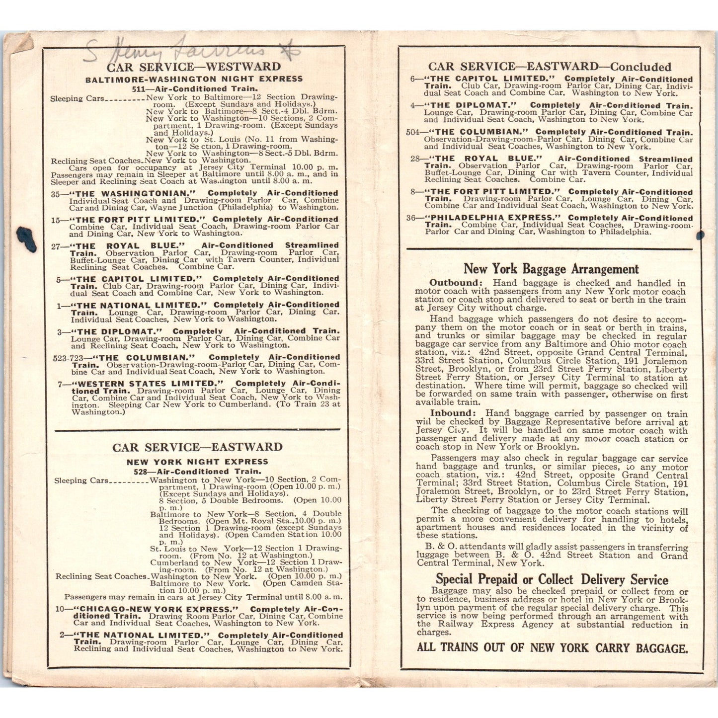 1936 B&O RR NY Newark Philadelphia Wilmington Baltimore Washington Timetable SE8