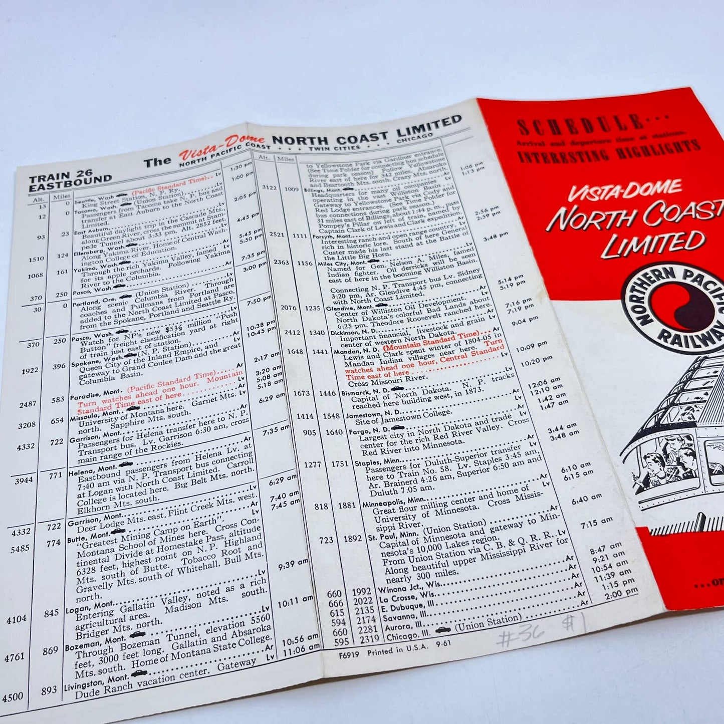 1961 Northern Pacific Railway Vista Dome North Coast Ltd Railroad Timetable AC1