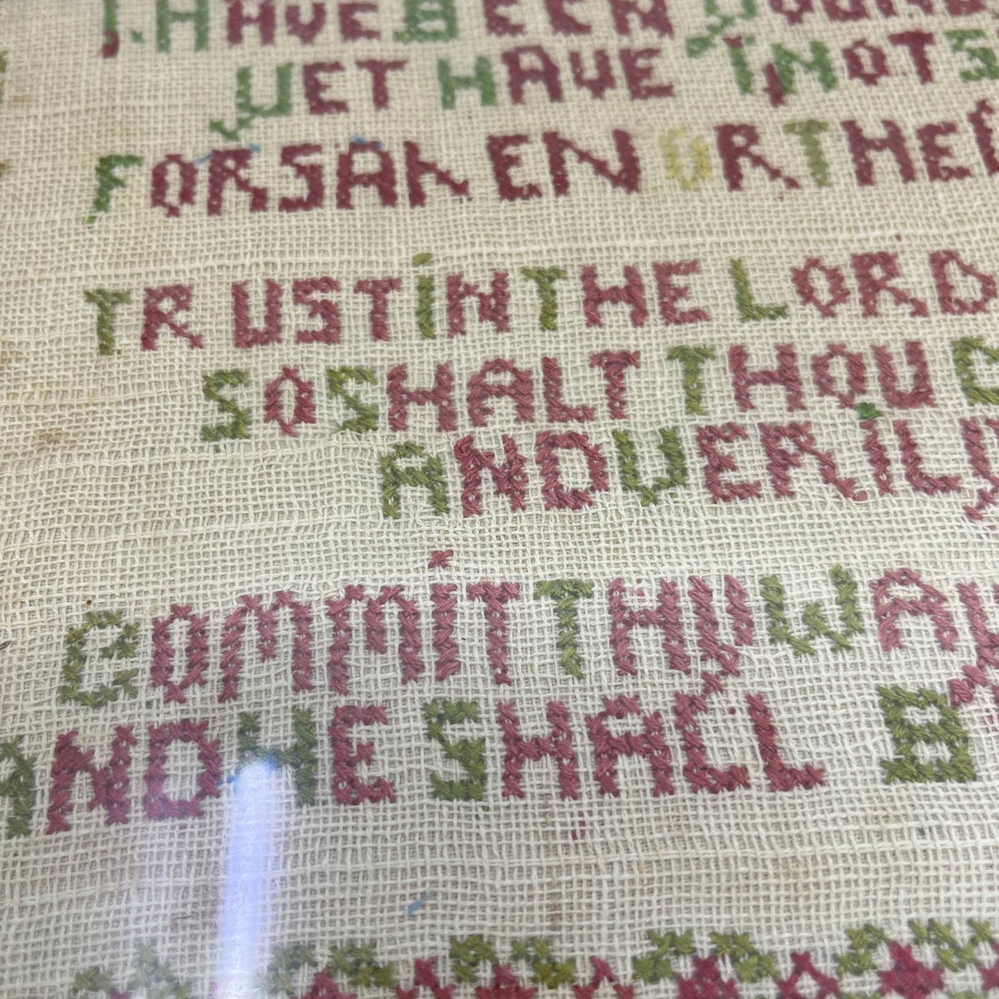 Antique Framed Cross Stitch Sampler Art Psalm 37 Trust in the Lord TG3