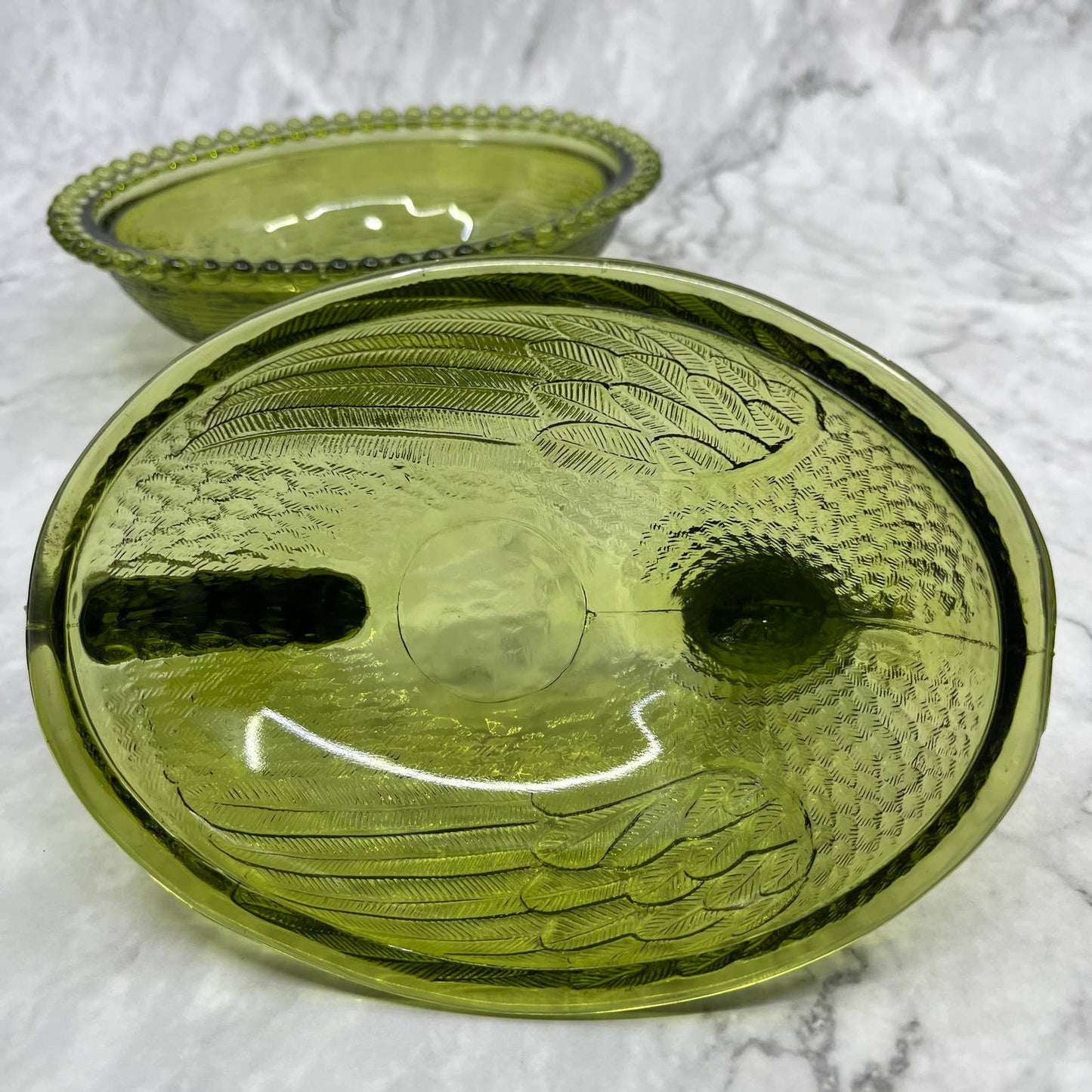 Vintage Nesting Hen Green Avocado Indiana Glass Hen on Nest Candy Dish ~7x5" TE2