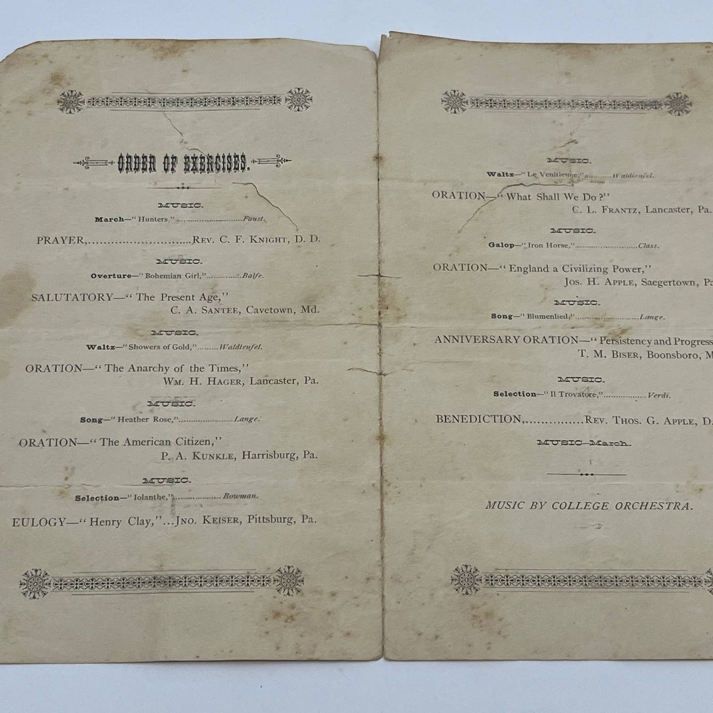 1885 Diagnothian Literary Society Program Marshall & Franklin College AB7