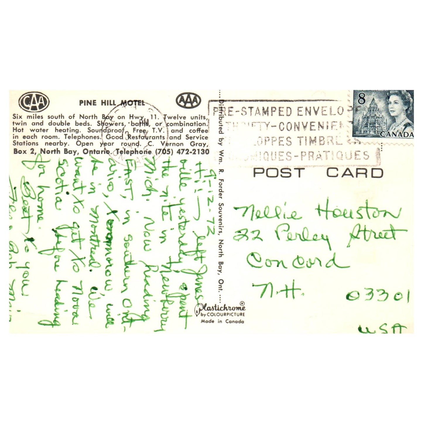 Vintage Postcard - Pine Hill Motel North Bay Ontario Canada AD9