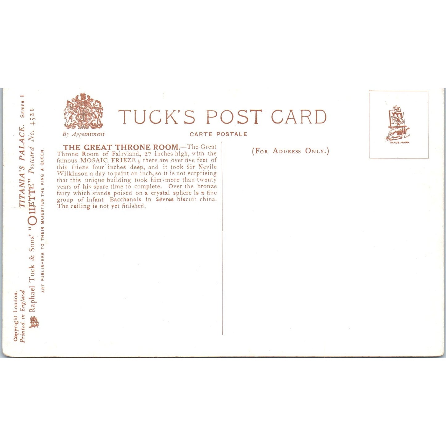 Titania's Palace The Great Throne Room Raphael Tuck Oilette Postcard P2-12