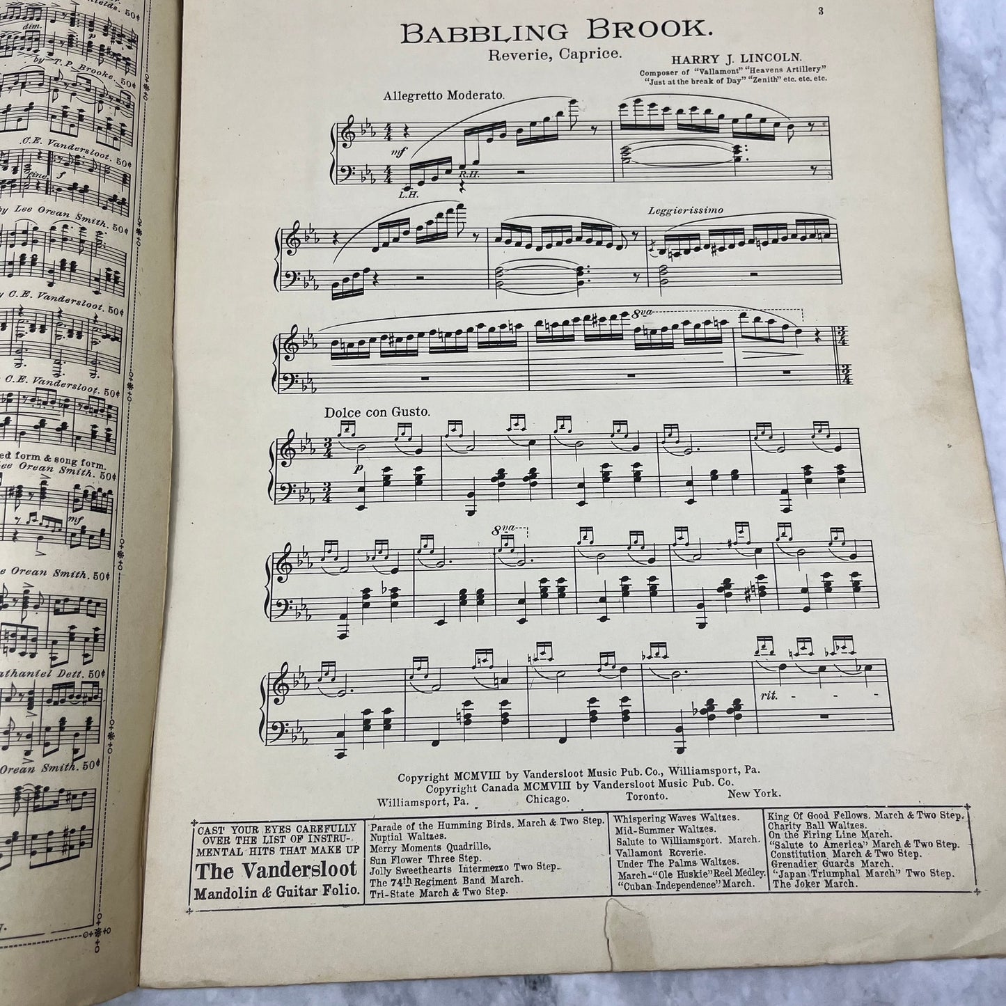 1908 Babbling Brook Reverie Caprice Harry J. Lincoln Vintage Sheet Music V38