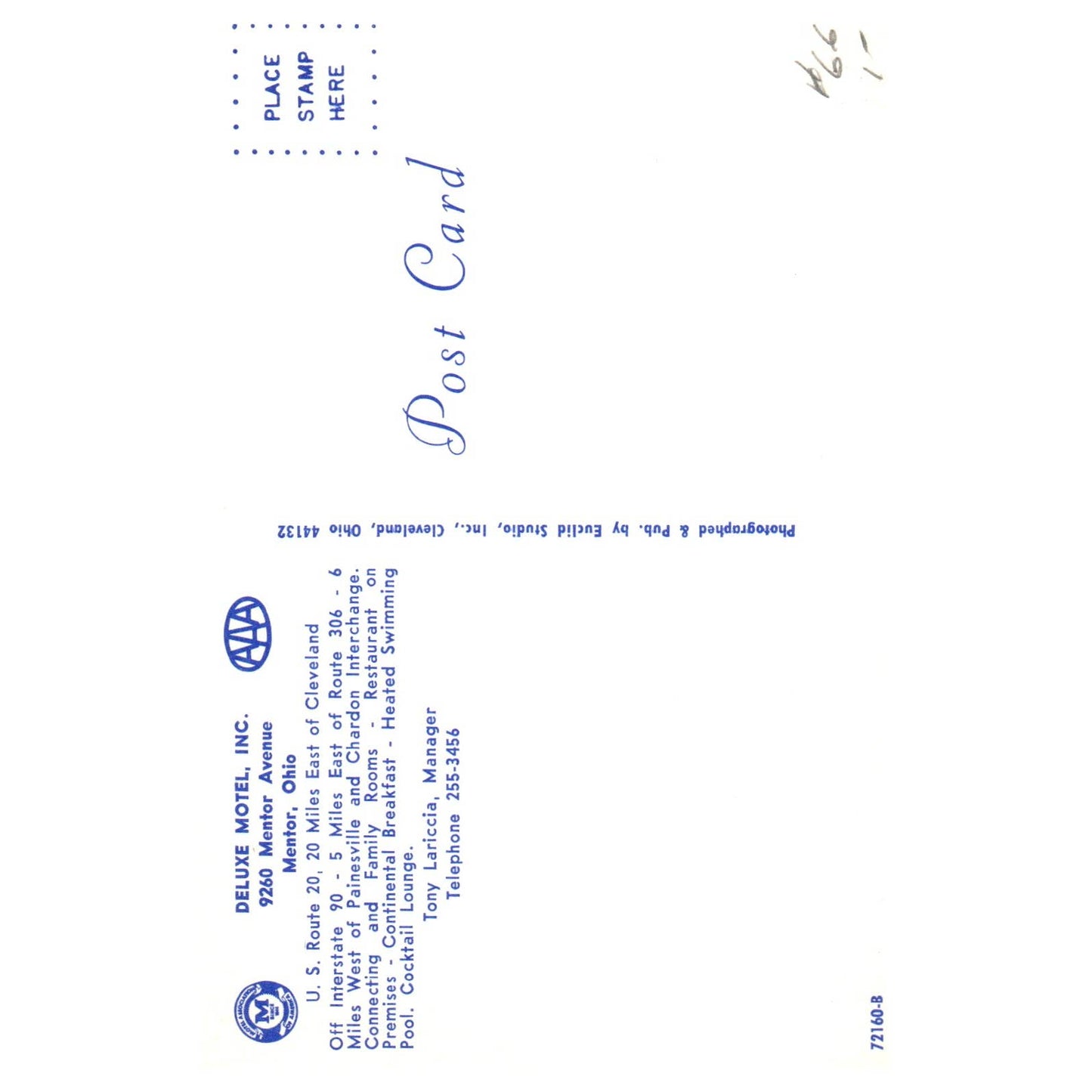 Deluxe Motel Inc. Mentor Ohio Tony Lariccia - Postcard TJ8-1