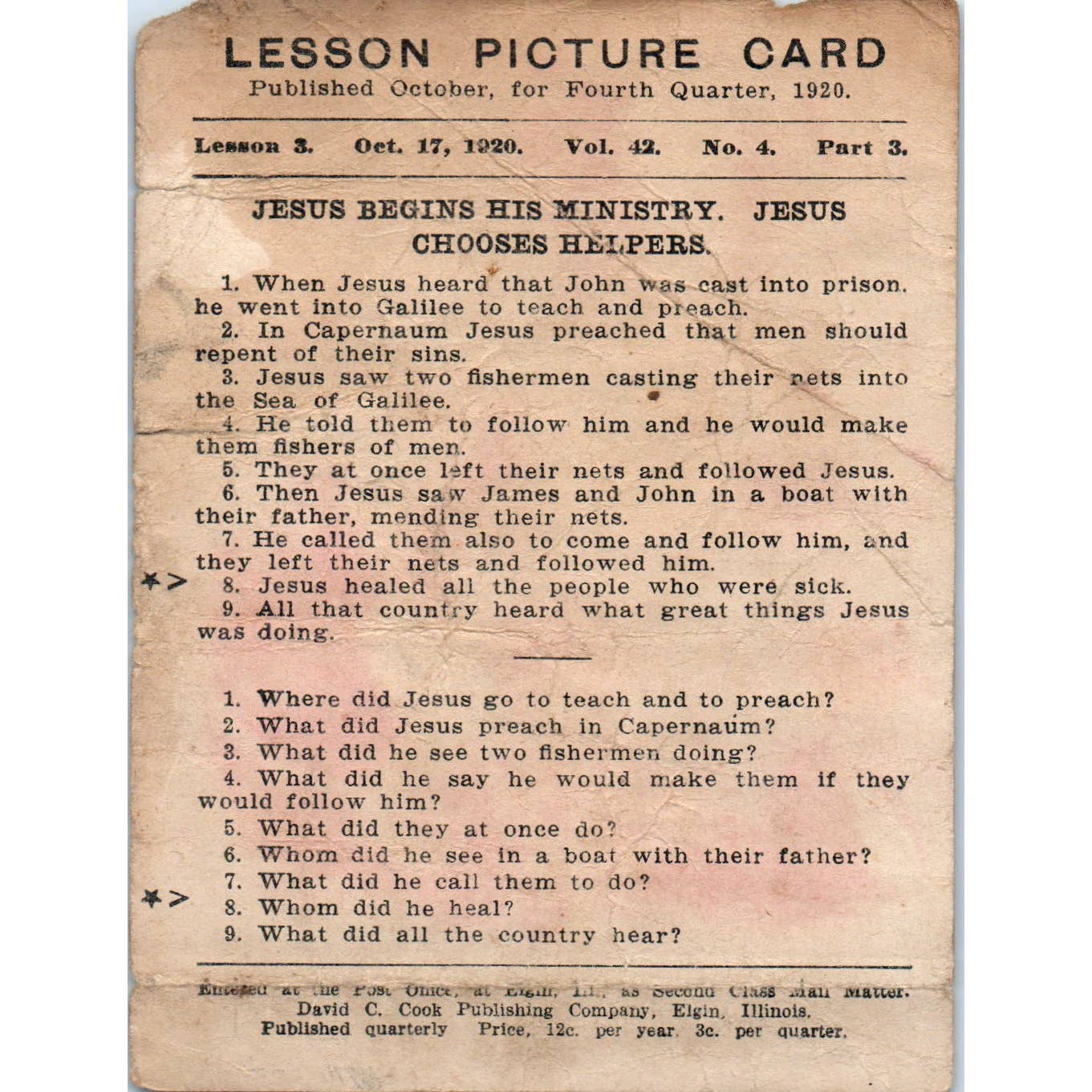 1920 Christian Lesson Picture Card Jesus Begins His Ministry Chooses Helpers SE5