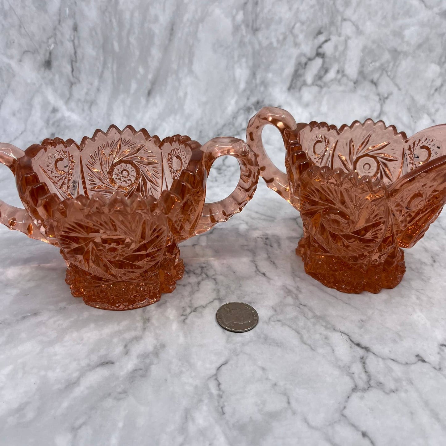 EAPG Imperial Pink Glass "Whirling Star" Sugar And Creamer, Saw Tooth TI6