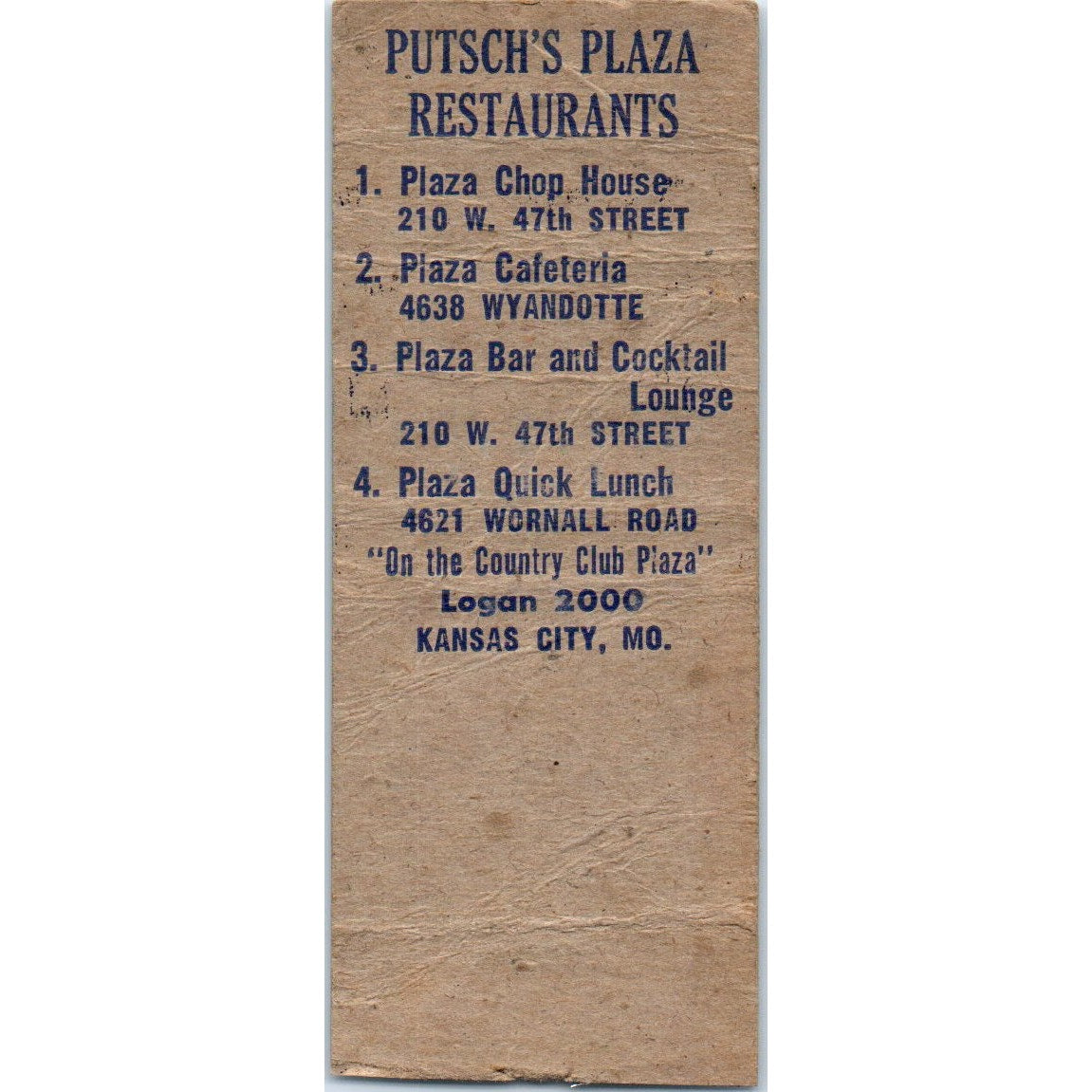 Putsches Country Club Plaza Kansas City MO Advertising Matchbook Cover MM9-5