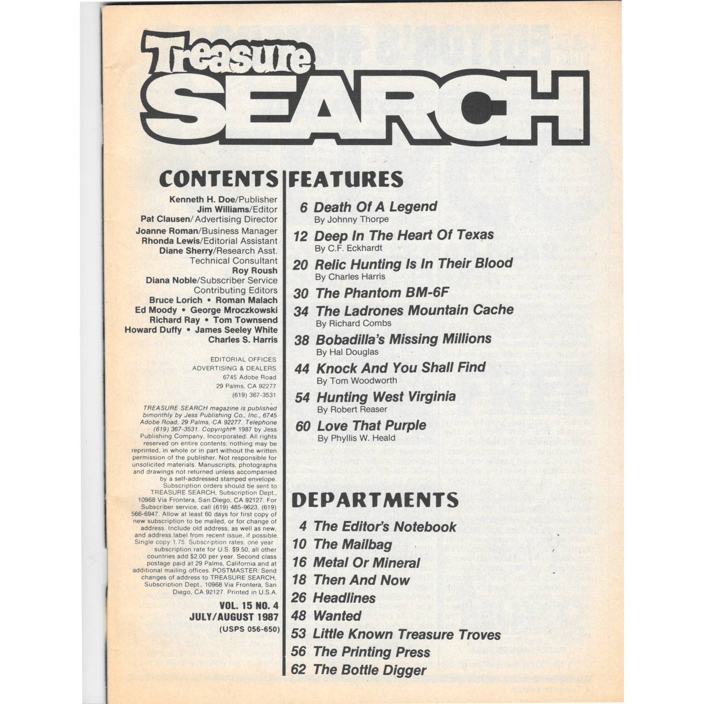 Treasure Search Magazine 1987 July/August Metal Detecting Gold Diamonds M2