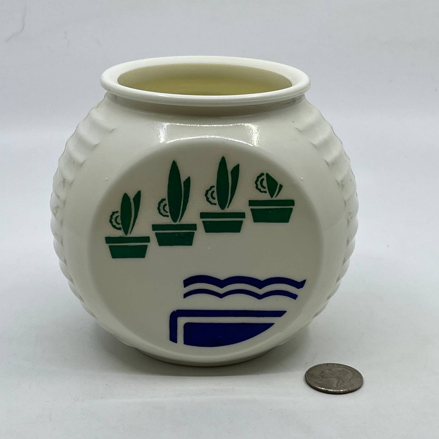 Fire King Anchor Hocking Vitrock White Grease Jar W/O Lid Green Flower Pots TC3