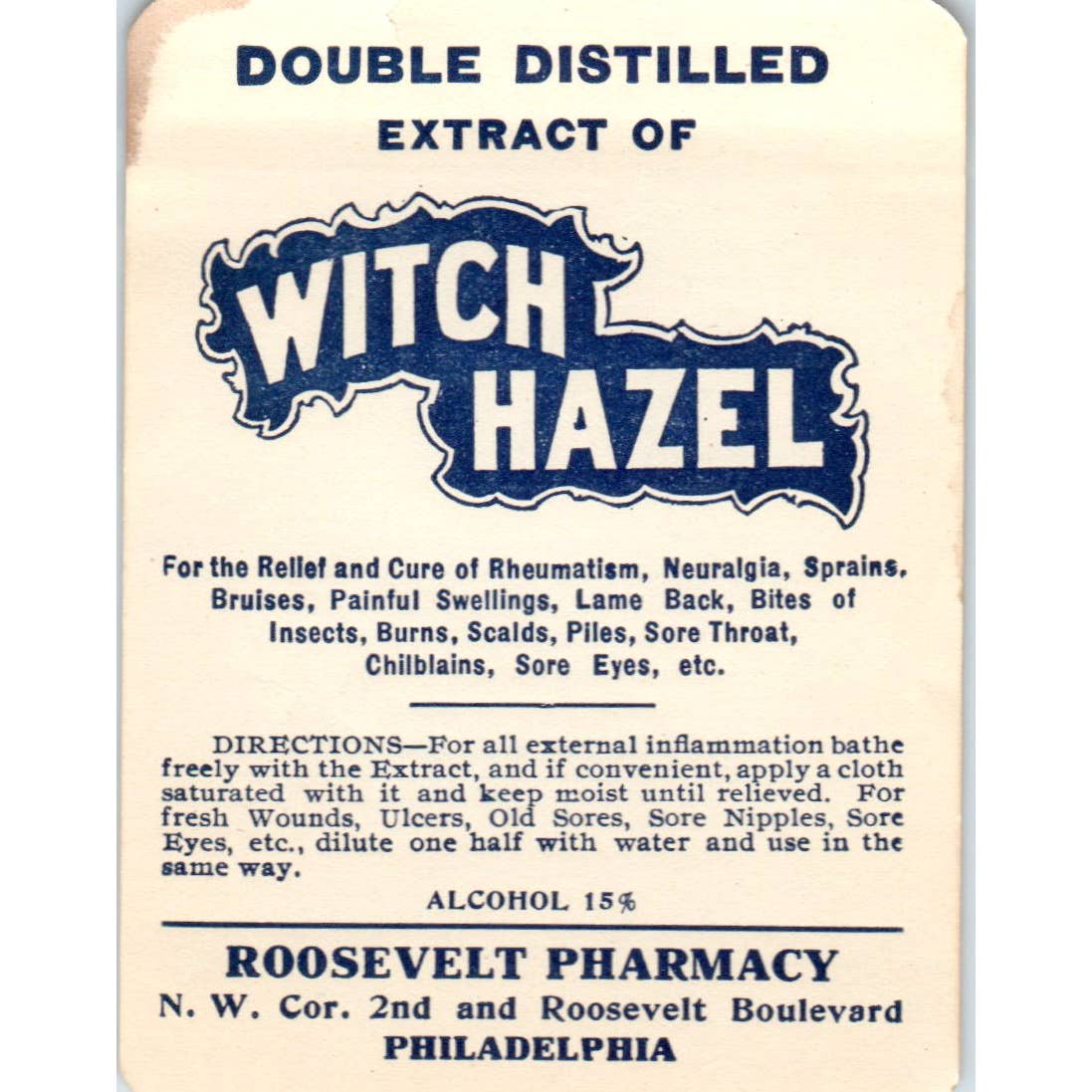 Antique Unused Label Extract of Witch Hazel Roosevelt Pharmacy Philadelphia SE4