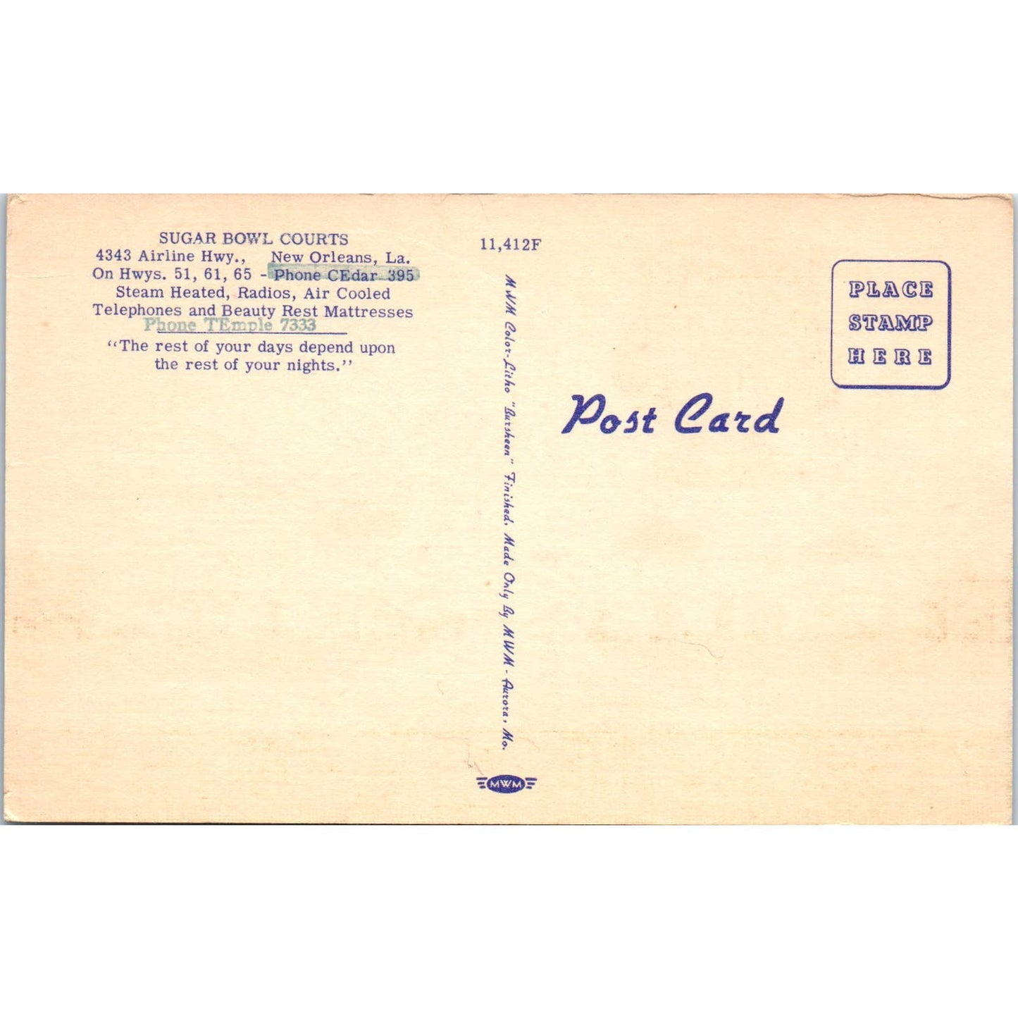 Sugar Bowl Courts New Orleans Louisiana - Original Postcard TJ7-RP2