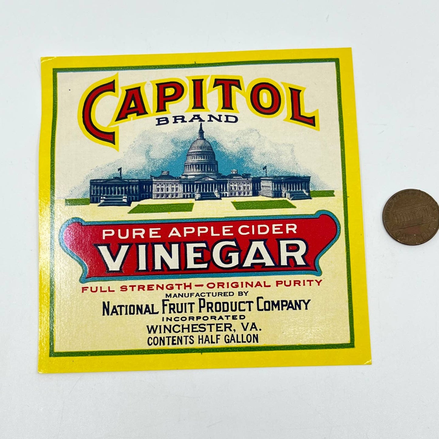 1920s CAPITOL Brand Vinegar Label Winchester, Virginia 4x4 Gloss FL3