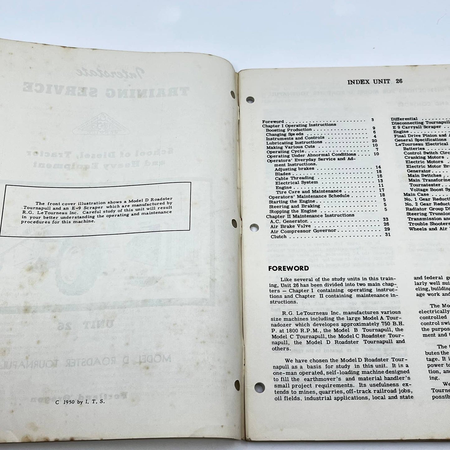 1950 Interstate Training Service Manual Unit 26 Model D Roadster Tournapull TF8